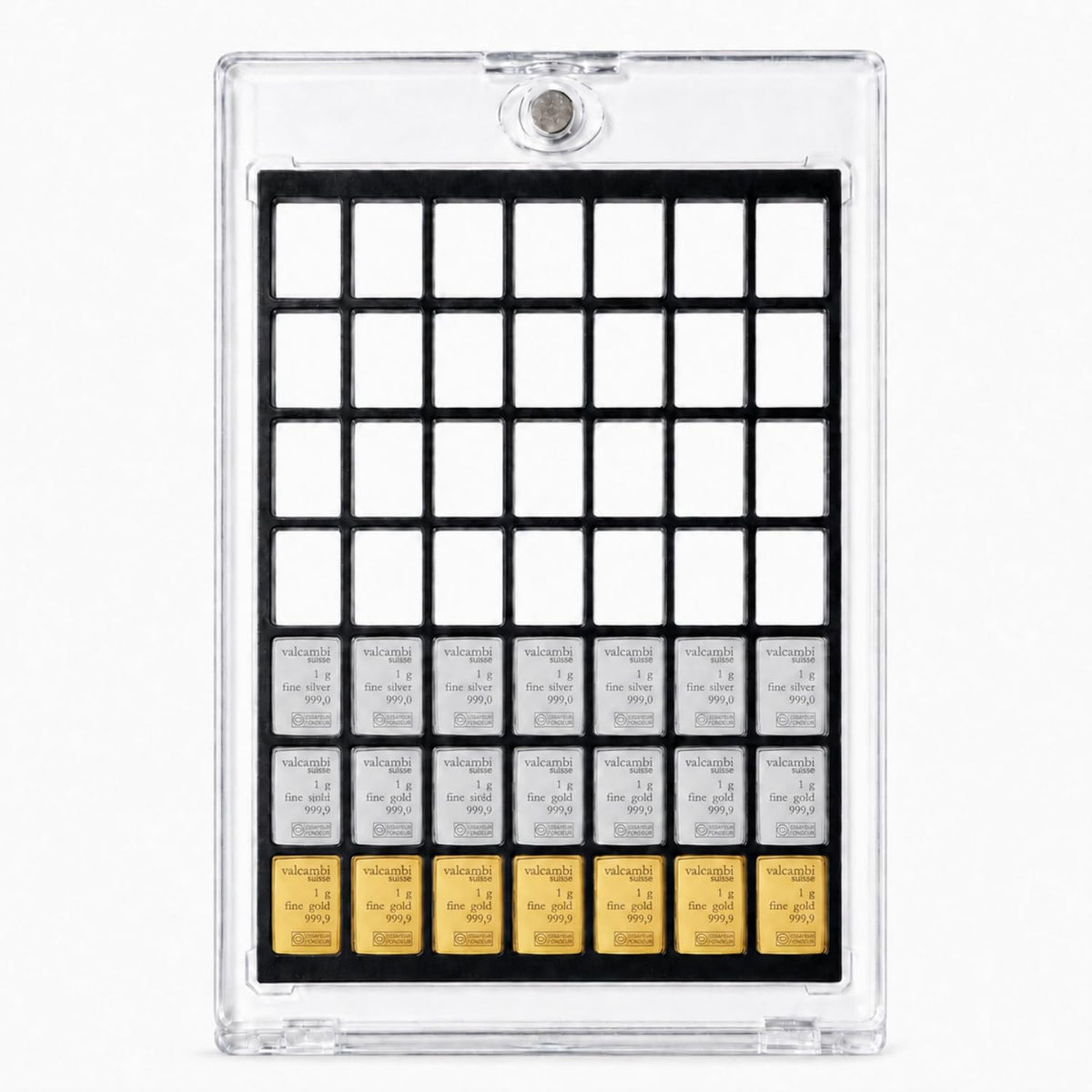 XplrsAttic 1 Gram Silver Bar Display Case, 49 Slot Bullion Holder for Valcambi Style CombiBars, Fractional Gold Silver Platinum Stacker Organizer for Desk, Safe & Collector Storage, Case Only