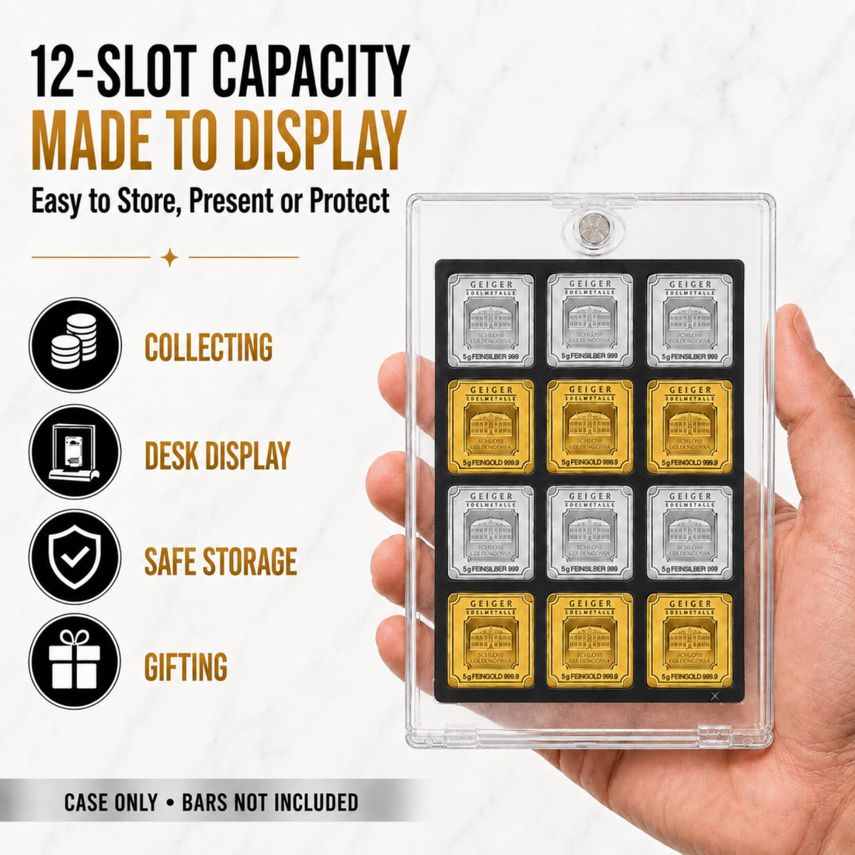 XplrsAttic Geiger Style Square Bar Display Case, Magnetic One Touch Bullion Holder for Gold & Silver Bars, Coin Showcase