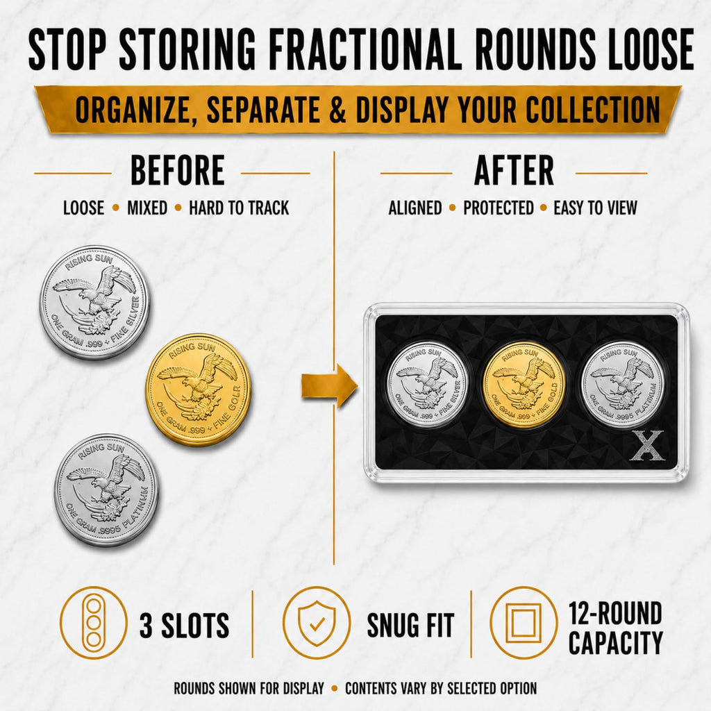 XplrsAttic 3 Slot Round Display Case, Fits 15mm 1 Gram Gold & Silver Rounds, Holds Up to 12 Stacked (4 Per Slot), Slim Stackable Coin Display Case
