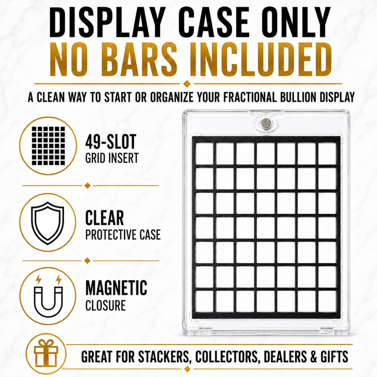 XplrsAttic 1 Gram Silver Bar Display Case, 49 Slot Bullion Holder for Valcambi Style CombiBars, Fractional Gold Silver Platinum Stacker Organizer for Desk, Safe & Collector Storage, Case Only