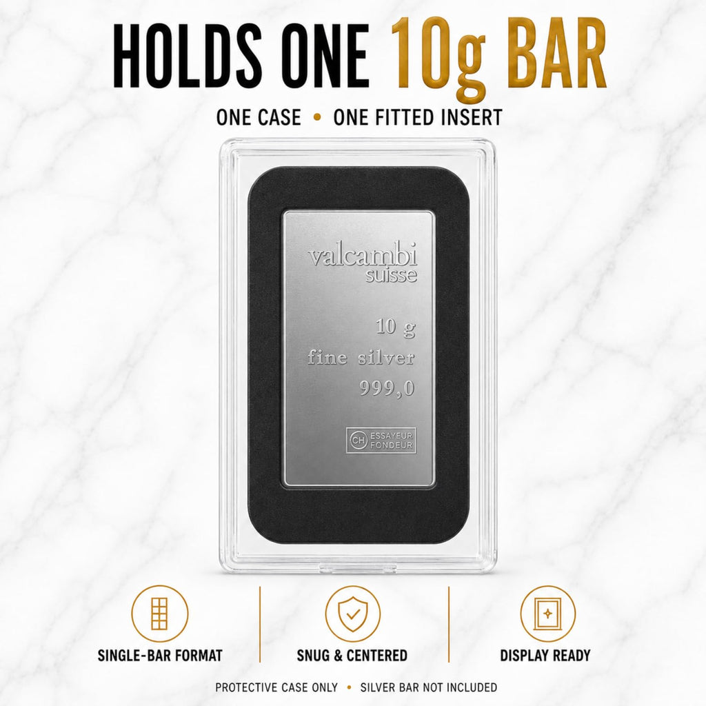 XplrsAttic 10 Gram Silver Bar Protective Case - Clear Display Holder for Valcambi-Style 10g CombiBar, Fitted Black Insert, Single Bar Format, Case Only
