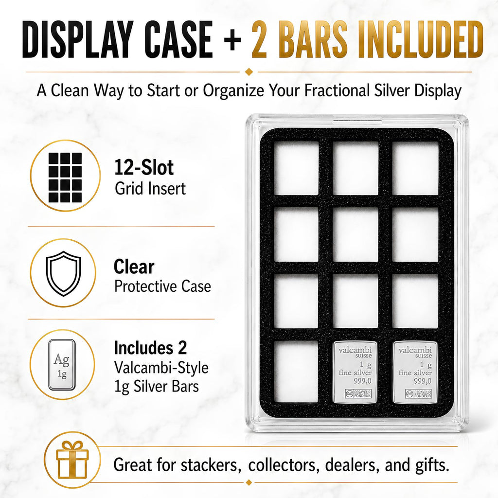 XplrsAttic 1 Gram Silver Bar Display Case - 12-Slot Bullion Holder for Valcambi-Style CombiBars, Fractional Gold Silver Platinum Stacker Organizer for Desk, Safe & Collector Storage
