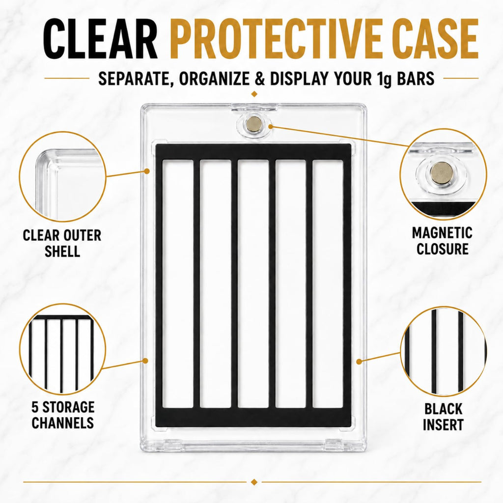 XplrsAttic 50 Slot Bullion Bar Display Case, 1 Gram Gold Silver Valcambi Style CombiBar Holder, 5 Storage Channels, Clear Magnetic Case, Bars Not Included