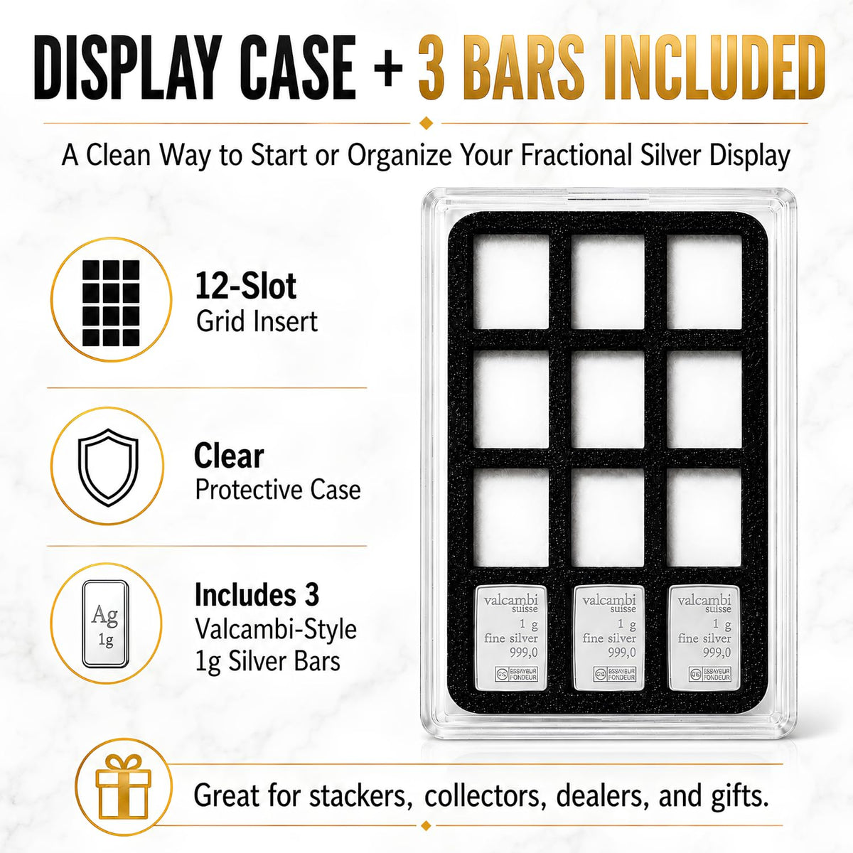 XplrsAttic 1 Gram Silver Bar Display Case - 12-Slot Bullion Holder for Valcambi-Style CombiBars, Fractional Gold Silver Platinum Stacker Organizer for Desk, Safe & Collector Storage