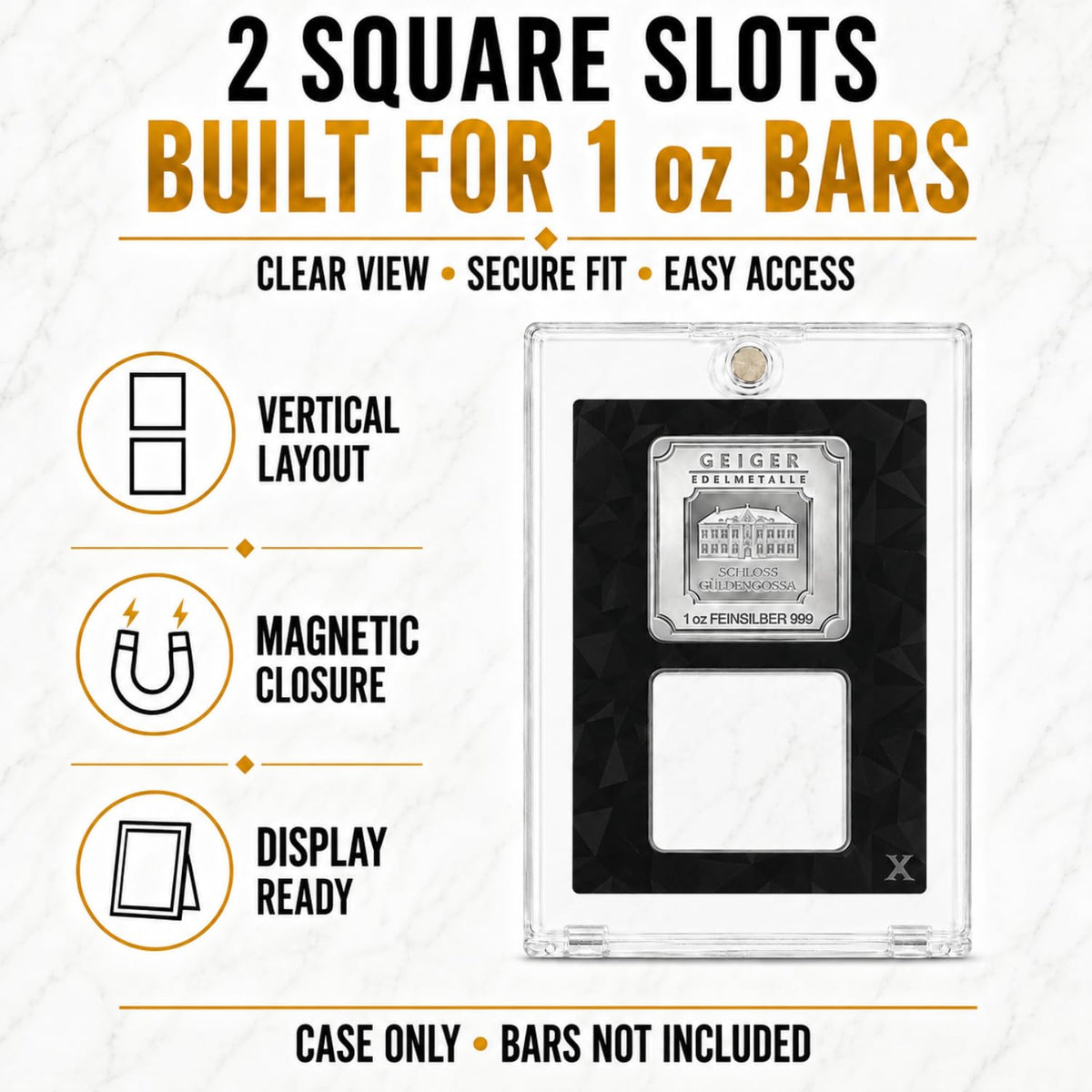 XplrsAttic Geiger Style Square Bar Display Case, Magnetic One Touch Bullion Holder for Gold & Silver Bars, Coin Showcase