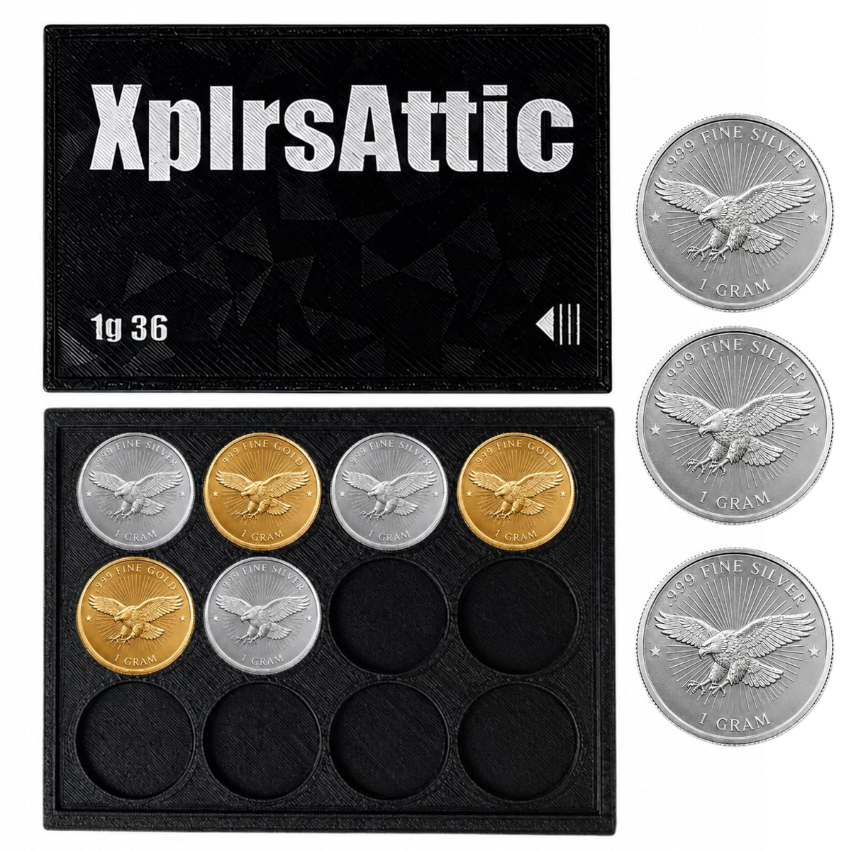 XplrsAttic 1 Gram Round Storage Case - 36-Slot Holder for Gold, Silver & Platinum Bullion Rounds, 15mm Precision Slots with Sliding Cover