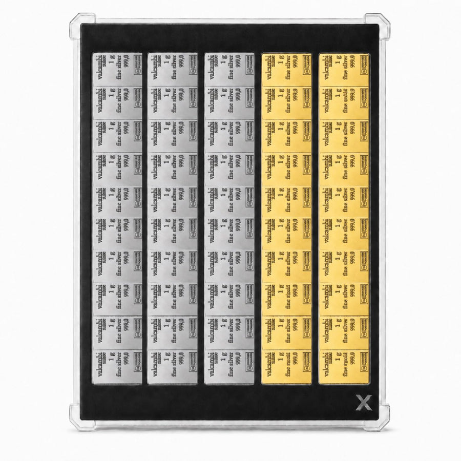 XplrsAttic 50 Slot Bullion Bar Display Case, 1 Gram Gold Silver Valcambi Style CombiBar Holder, 5 Storage Channels, Clear Magnetic Case, Bars Not Included