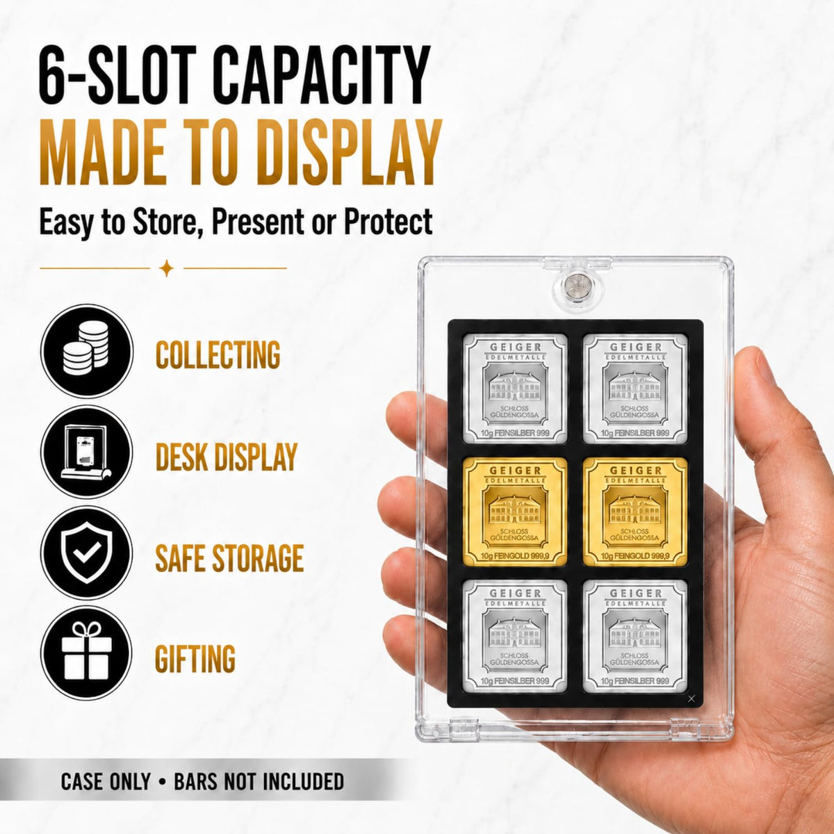 XplrsAttic Geiger Style Square Bar Display Case, Magnetic One Touch Bullion Holder for Gold & Silver Bars, Coin Showcase