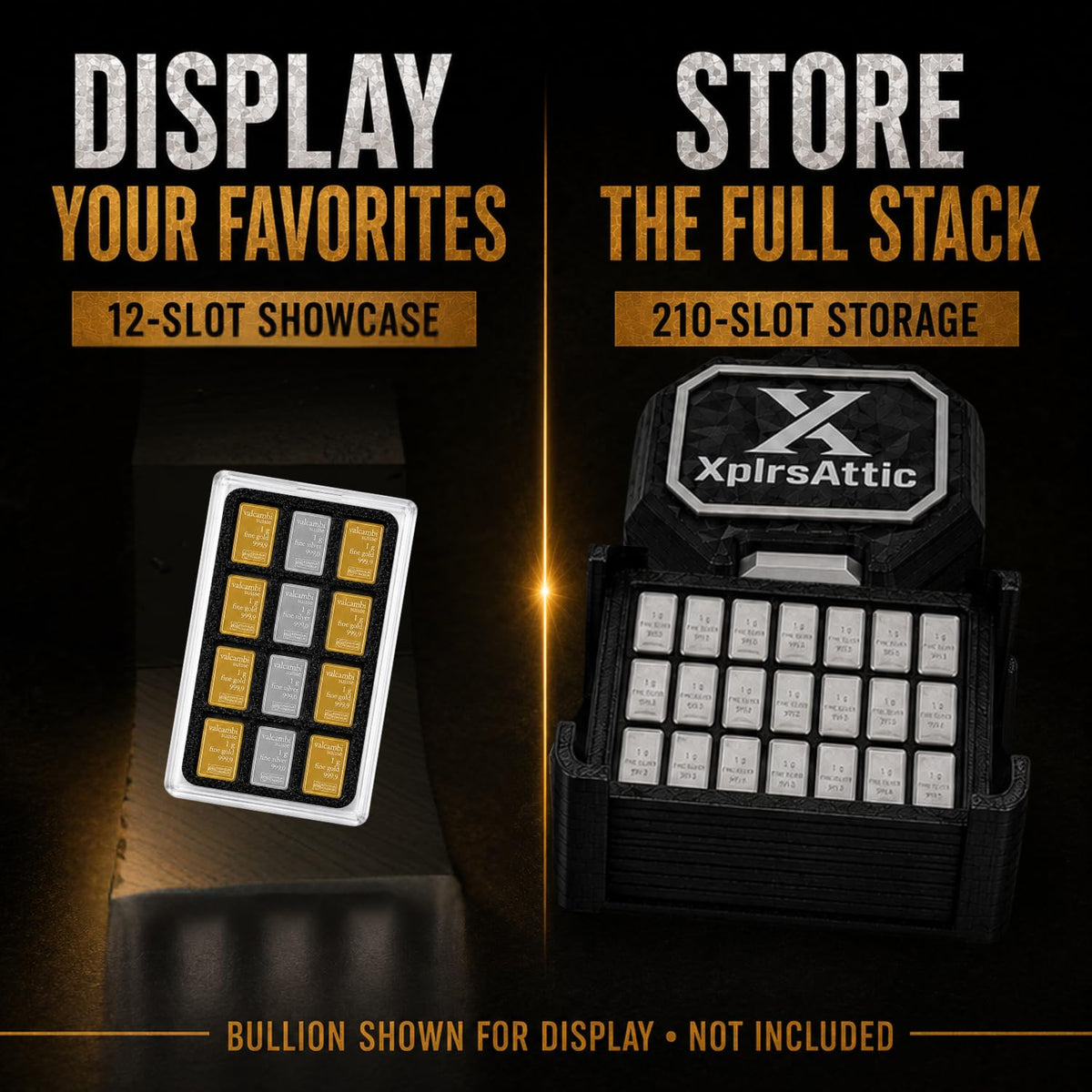 XplrsAttic 222 Slot Valcambi Style CombiBar Storage Bundle 210-Slot Bulk Storage Case + 12 Slot Clear Display Case, Complete Gold & Silver Bar Display & Storage System, Cases Only