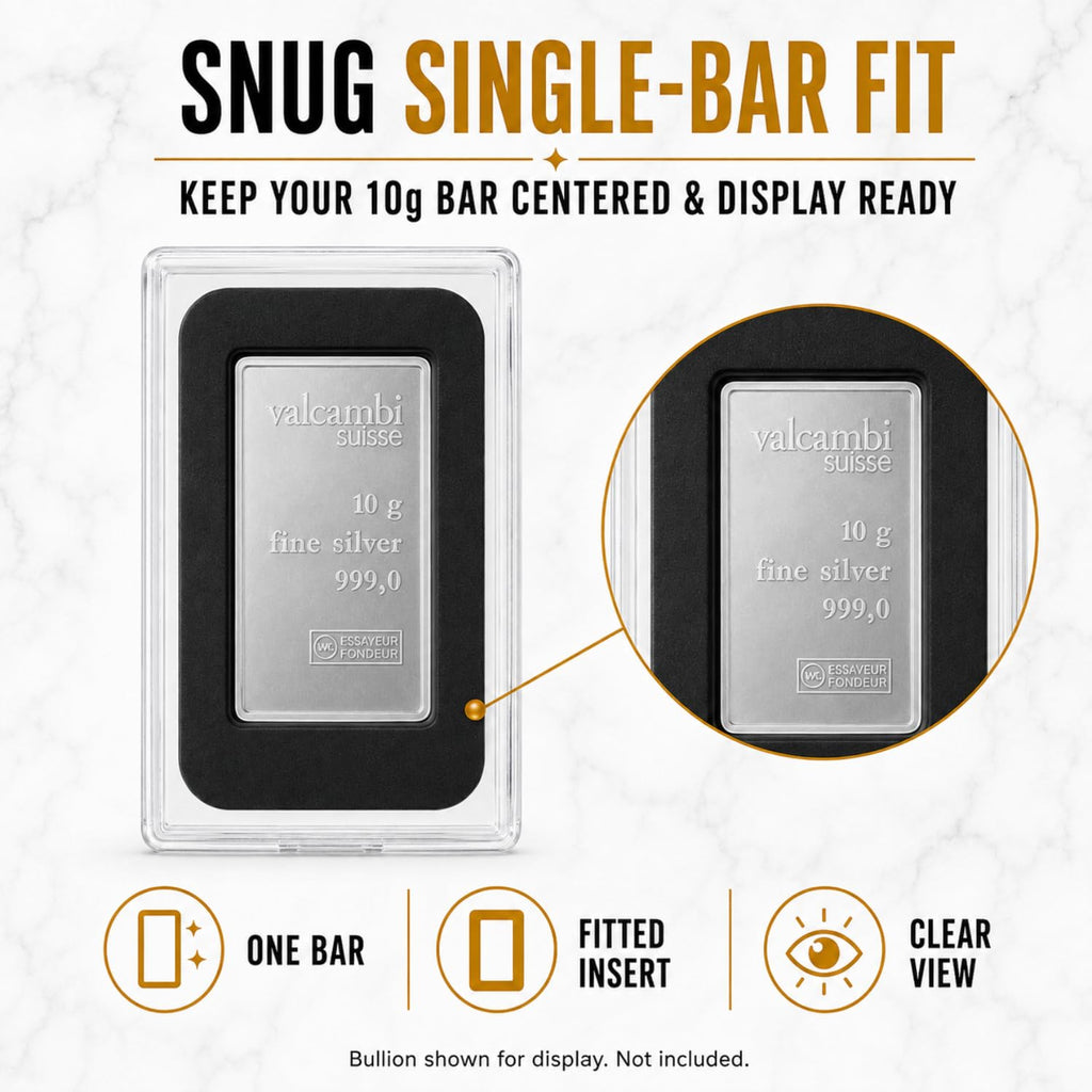 XplrsAttic 10 Gram Silver Bar Protective Case - Clear Display Holder for Valcambi-Style 10g CombiBar, Fitted Black Insert, Single Bar Format, Case Only