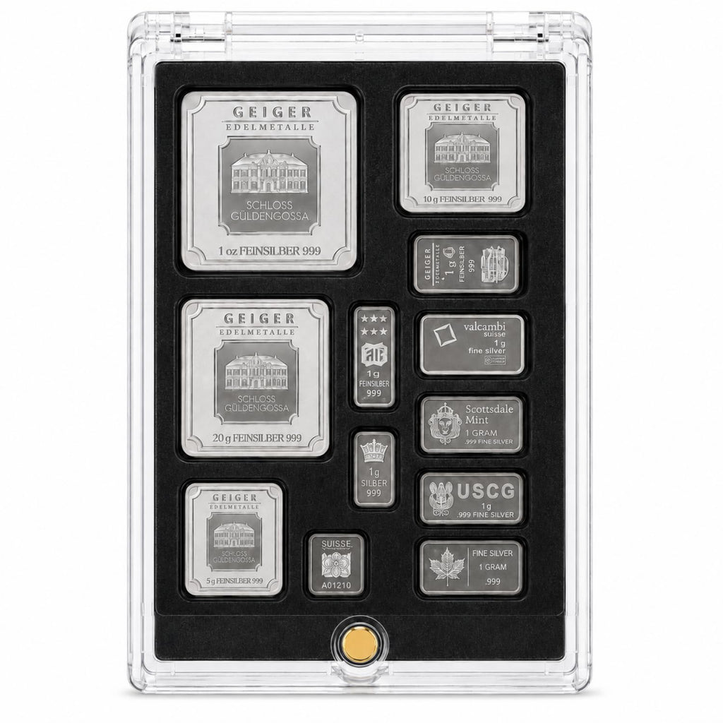 XplrsAttic Multi Size Bullion Bar Display Case, 12 Slots Fit 1oz, 20g, 10g, 5g, 1g Gold Silver Bars, Geiger Valcambi Scottsdale Style Mixed Collection, Coin Collecting Supplies, Case Only