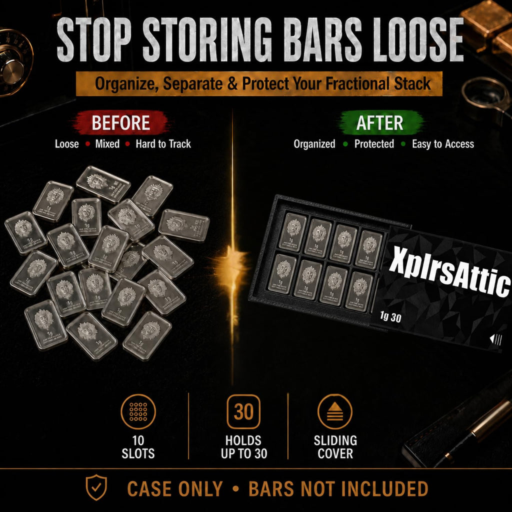 XplrsAttic 1 Gram Bar Storage Case with Slide Cover-10 Slots Tray Holds Up to 30 Scottsdale Style Mini Bars, Compact Bullion Display Organizer, Case Only