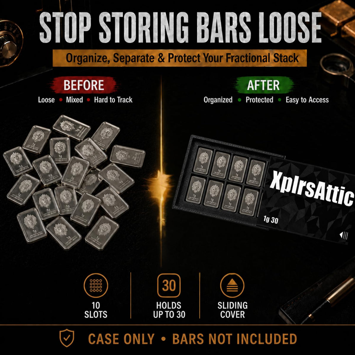 XplrsAttic 1 Gram Bar Storage Case with Slide Cover-10 Slots Tray Holds Up to 30 Scottsdale Style Mini Bars, Compact Bullion Display Organizer, Case Only