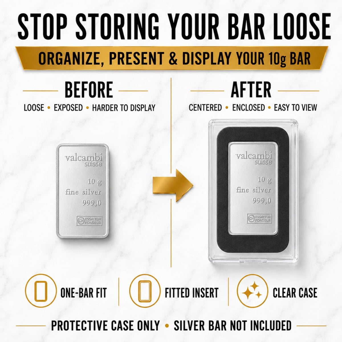 XplrsAttic 10 Gram Silver Bar Protective Case - Clear Display Holder for Valcambi-Style 10g CombiBar, Fitted Black Insert, Single Bar Format, Case Only