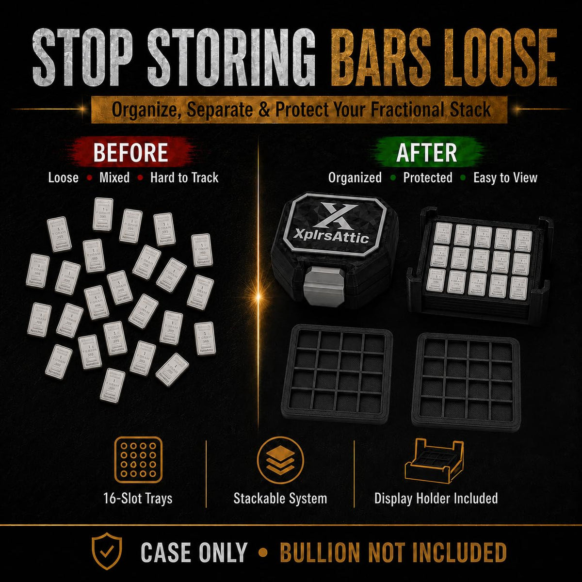 XplrsAttic 160-Slot Bullion Bar Storage Case - 1 Gram Silver, Gold Fractional Bar Organizer, 10 Removable 16-Slot Trays, Compact Display Holder, Case Only