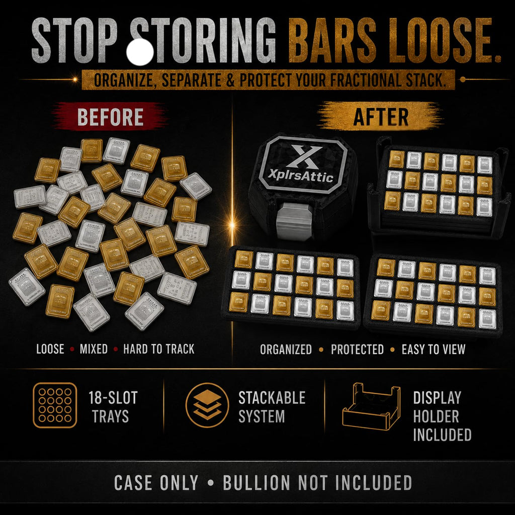 XplrsAttic 180-Slot Bullion Bar Storage Case - 1 Gram Geiger-Style Square Bar Organizer, 9 Removable 18-Slot Trays, Compact Display Holder, Case Only