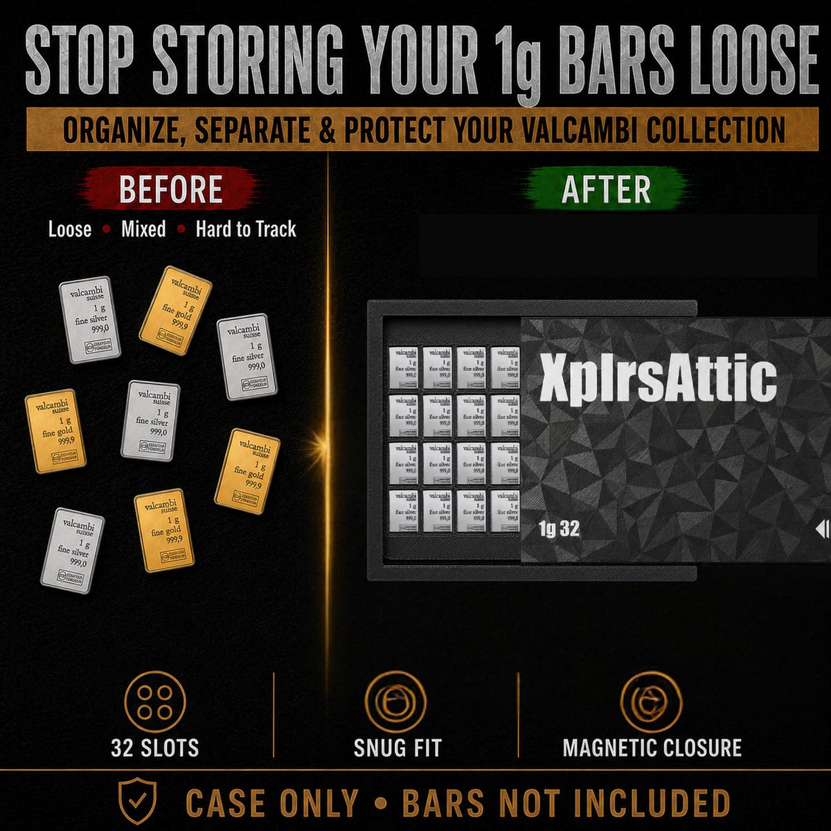 XplrsAttic 32 Slot Bullion Bar Storage Wallet,1 Gram Gold Silver Valcambi Style CombiBar Holder, Slim Magnetic Sliding Case, 4x8 Organizer, Coin Case, Bars Not Included